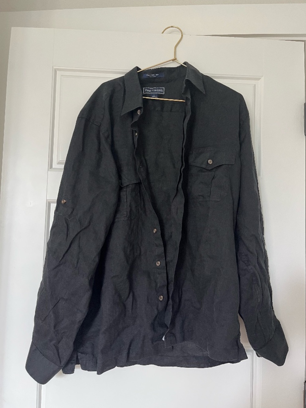 Paul Fredrick 100% linen men's button down black shirt